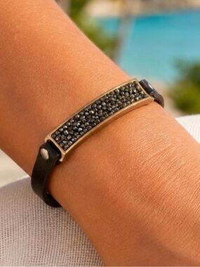 Leather Bracelet with Black Crystal Pavé Bar